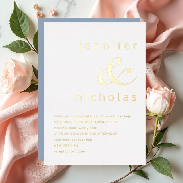 Invitation En Aluminium Elégant Dusty Blue Ampersand Mariage Gold (Elegant Dusty Blue Ampersand Wedding Gold Foil Invitation)