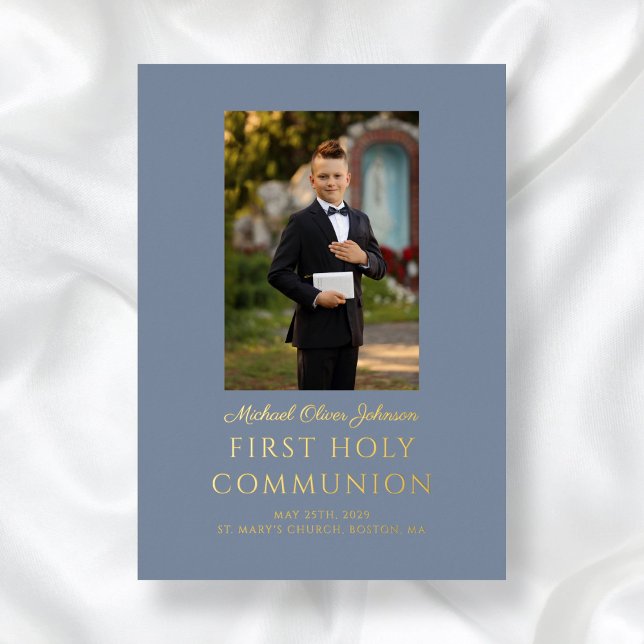 Invitation En Aluminium Elégant Dusty Blue Boy Photo First Communion Gold (Elegant Dusty Blue Boy Photo First Communion Gold Foil Invitation)