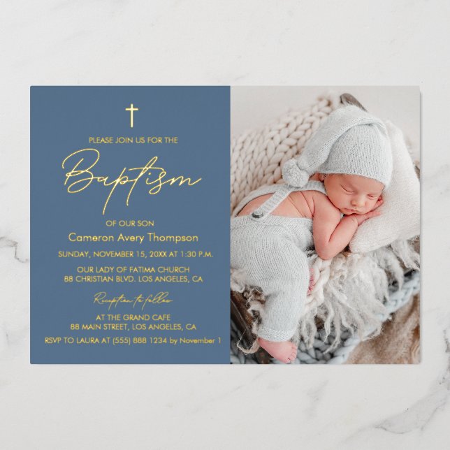 Invitation En Aluminium Elégant Dusty Blue Gold Cross Baby Baptism Photo (Recto)