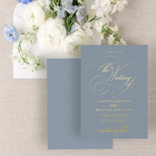 Invitation En Aluminium Elégant Dusty Blue Moderne Calligraphie Mariage Fo (Créateur téléchargé)