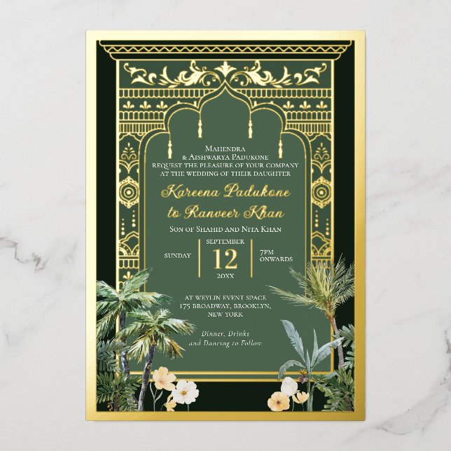 Invitation En Aluminium Élégant Emerald Green et Gold Mariage indien (Recto)