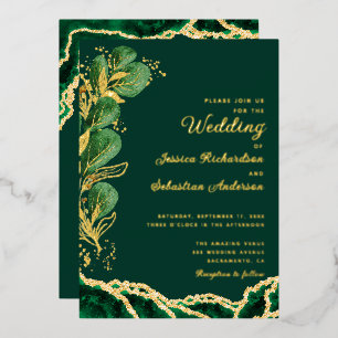 Invitation En Aluminium Élégant Emerald Green & Gold Agate Mariage