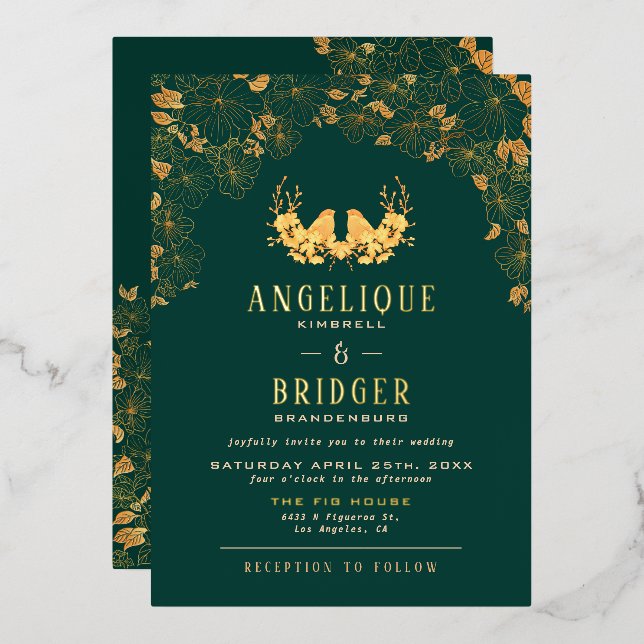 Invitation En Aluminium Élégant Emerald Green Gold Birds Floral Mariage (Recto/Verso)