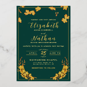 Invitation En Aluminium Élégant Emerald Green & Gold Floral Mariage