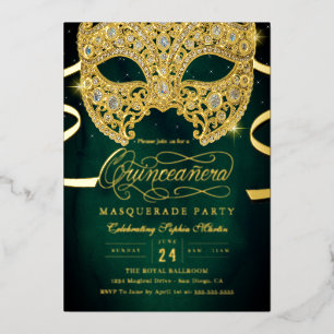 Invitation En Aluminium Élégant Émeraude Or Masquerade Quinceanera
