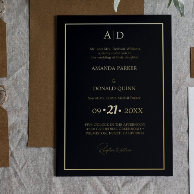 Invitation En Aluminium Élégant et romantique Mariage de monogramme noir (Créateur téléchargé)