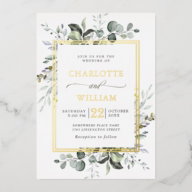 Invitation En Aluminium Elégant Eucalyptus Mariage Gold Foil Invi (Recto)