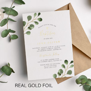 Invitation En Aluminium Elégant eucalyptus verdure Baptême or réel