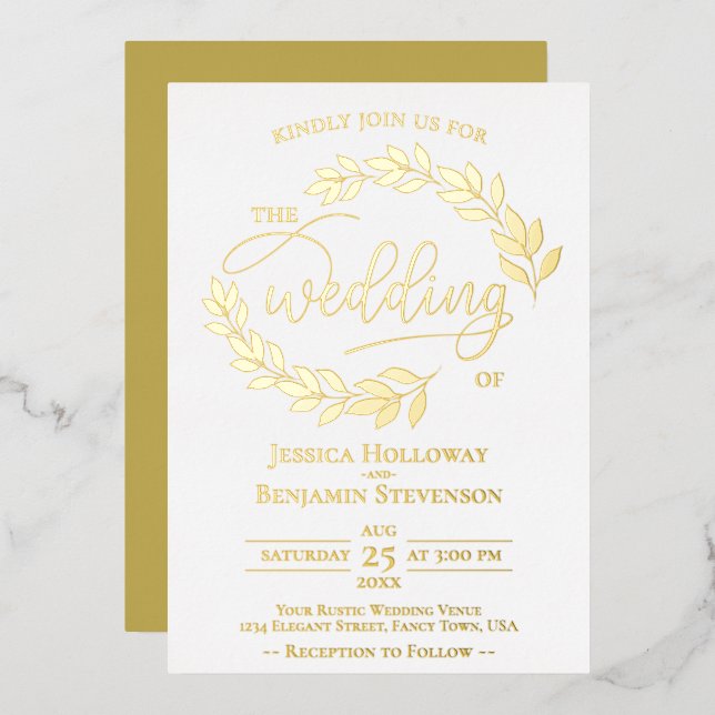 Invitation En Aluminium Elégant Feuille or sur Mariage blanc Classy (Recto/Verso)