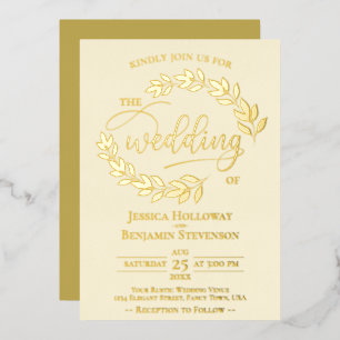 Invitation En Aluminium Elégant Feuilles d'or sur Ivory Cream Classy Maria