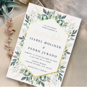Invitation En Aluminium Élégant Feuilles d'or vert Nuestra Boda Mariage