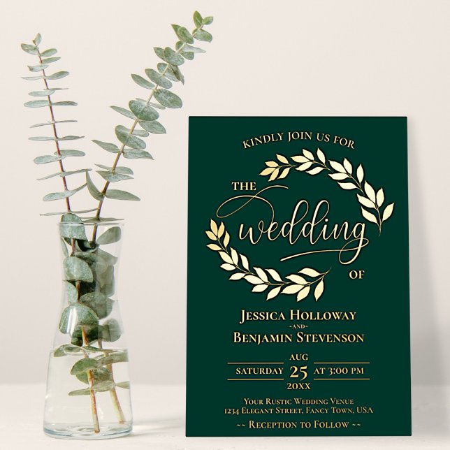 Invitation En Aluminium Elégant Feuilles or sur Emerald Green Chic Mariage (Créateur téléchargé)