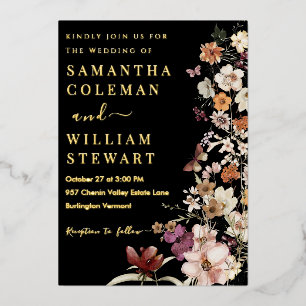 Invitation En Aluminium Elégant Fleur sauvage Boho Black Rustic Mariage