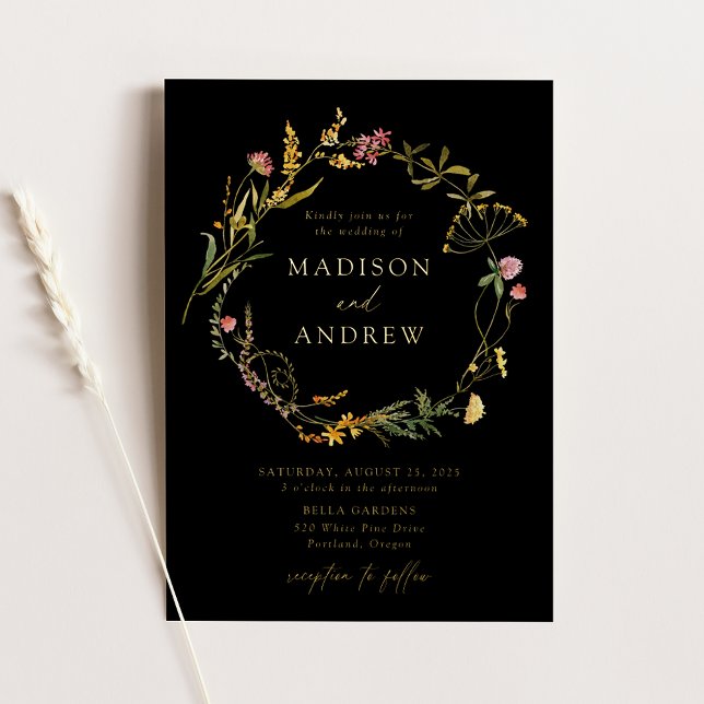 Invitation En Aluminium Élégant Fleur sauvage d'été Wreath Mariage noir (Créateur téléchargé)