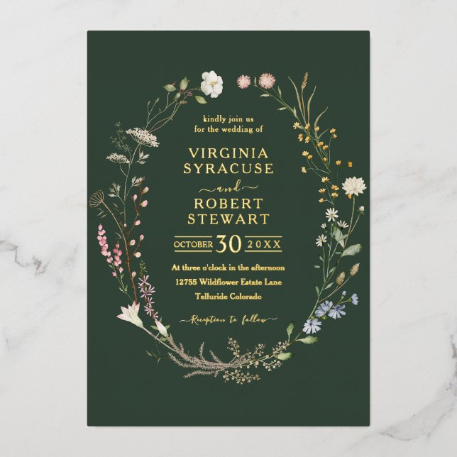 Invitation En Aluminium Élégant Fleur sauvage Wreath Royal Green Mariage (Recto)