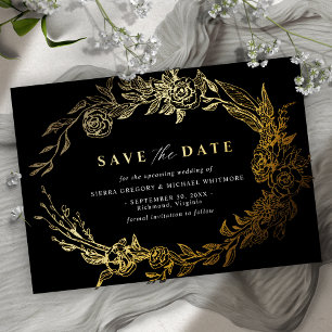 Invitation En Aluminium Élégant Fleurs Modernes Noir et Or Enregistrez la