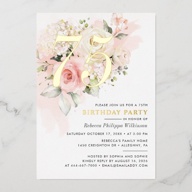 Invitation En Aluminium Elégant Floral 75ème Aquarelle Anniversaire de fêt (Recto)