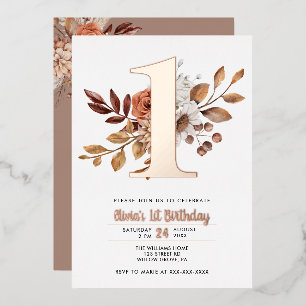 Invitation En Aluminium Elégant Floral Automne 1er Anniversaire Foil Invit
