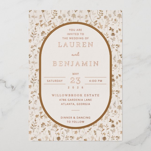 Invitation En Aluminium Élégant floral beige (Recto)