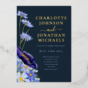 Invitation En Aluminium Élégant floral bleu marine et or