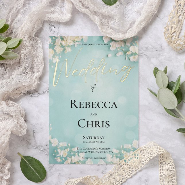 Invitation En Aluminium Elégant Floral Blue Bokeh Mariage Gold (Créateur téléchargé)