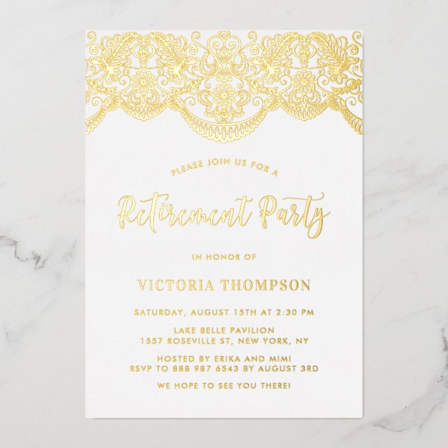 Invitation En Aluminium Élégant Floral Brocade Lace Retraite Party (Recto)