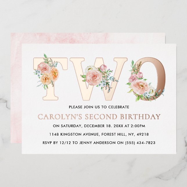 Invitation En Aluminium Élégant floral DEUX 2e anniversaire réel (Recto/Verso)