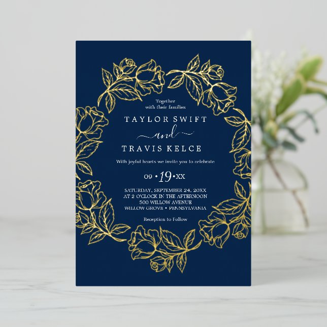 Invitation En Aluminium Élégant floral doré à motif feuille mariage bleu m (Debout devant)