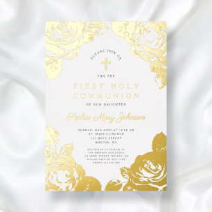 Invitation En Aluminium Elégant Floral First Communion Gold