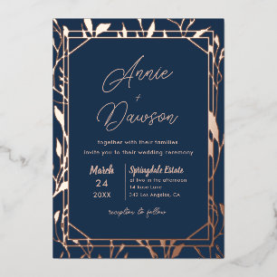 Invitation En Aluminium Elégant Floral Navy & Rose Mariage or