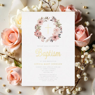 Invitation En Aluminium Élégant Floral Rose Wreath Girl Baptism