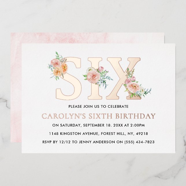 Invitation En Aluminium Élégant Floral SIX 6e anniversaire Real (Recto/Verso)