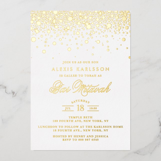 Invitation En Aluminium Elégant Fond Or Confetti Dots Bar Mitzvah (Recto)