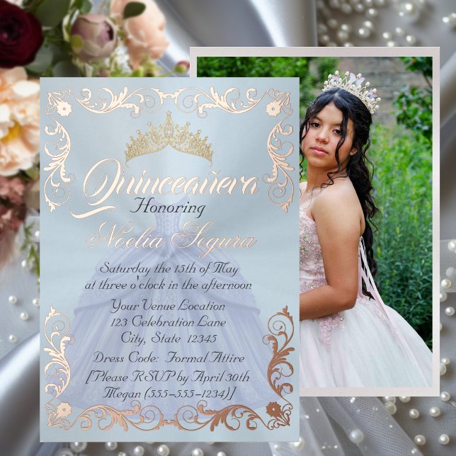 Invitation En Aluminium Elegant Frame & Photo on Pastel Blue Quinceanera  (Créateur téléchargé)