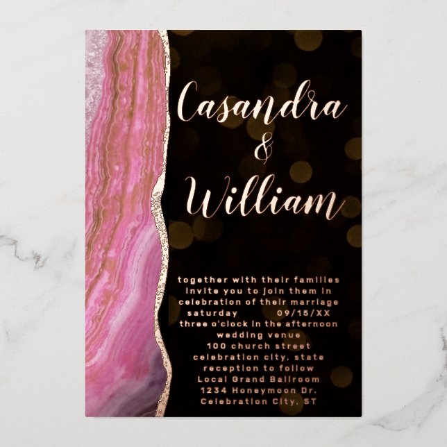 Invitation En Aluminium Elégant Galaxy Agate Géode rose et Mariage or (Recto)