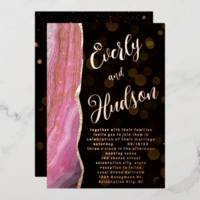 Invitation En Aluminium Elégant Galaxy Agate Géode Rose & Or Mariage Pour (Recto/Verso)