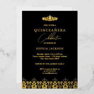 Invitation En Aluminium Elégant Gold Black Tiara Quinceanera