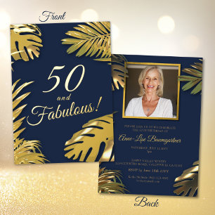 Invitation En Aluminium Elégant Gold Blue Photo 50th Fabulous Birthday