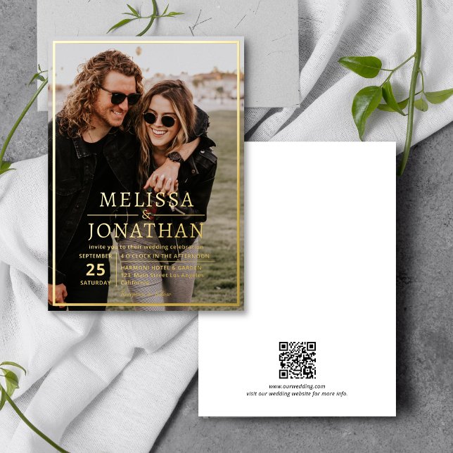Invitation En Aluminium Elegant Gold Border Script Photo QR Code Mariage (Créateur téléchargé)