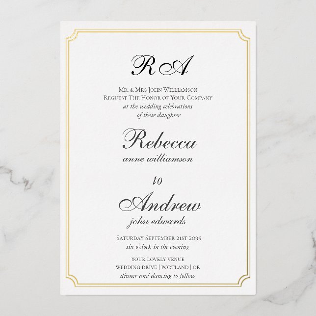 Invitation En Aluminium Elégant Gold Borders Classic monogramme (Recto)