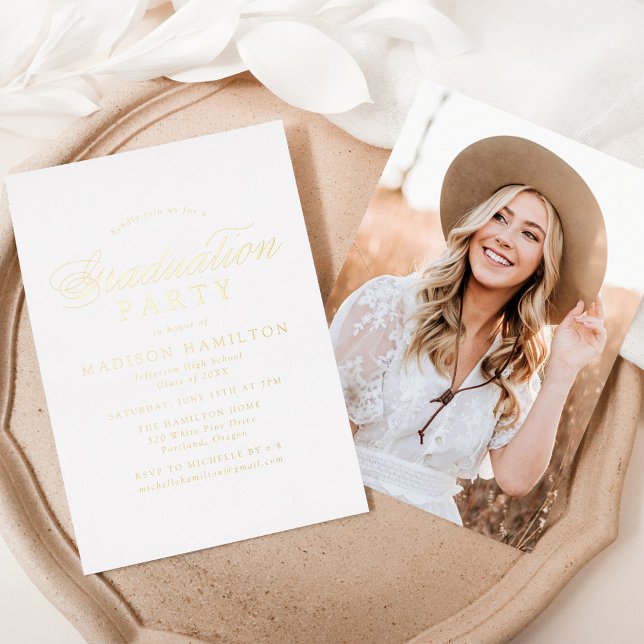 Invitation En Aluminium Elégant Gold Calligraphy Photo Graduation Party (Créateur téléchargé)