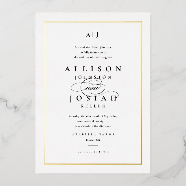 Invitation En Aluminium Élégant Gold Classic Mariage noir et blanc (Recto)