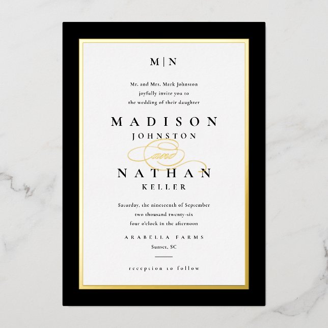 Invitation En Aluminium Élégant Gold Classic Mariage noir et blanc (Recto)