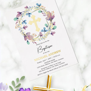 Invitation En Aluminium Elégant Gold Cross Baptism Floral
