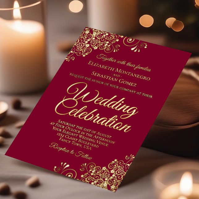 Invitation En Aluminium Elégant Gold Floral Frills Burgundy Maroon Mariage (Créateur téléchargé)