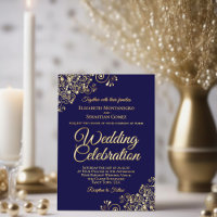 Elégant Gold Floral Frills Dark Navy Blue Mariage