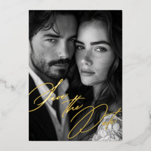 Invitation En Aluminium Elégant Gold Foil Calligraphie Photo Enregistrer l