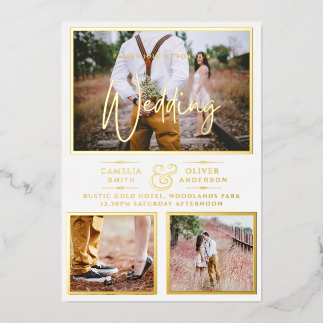 Invitation En Aluminium Elégant GOLD FOIL Photo Collage Mariage blanc (Recto)