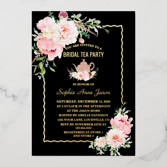 Invitation En Aluminium Élégant GOLD FOIL Rose Flowers Maridal Tea Party P (Recto)