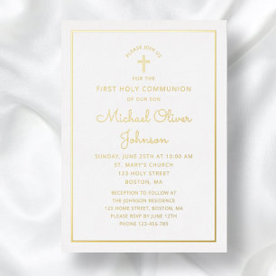 Invitation En Aluminium Élégant Gold Foil Script Blue First Communion